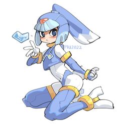  1girl andorlier armor artist_name blowing_kiss blue_armor blue_footwear blue_helmet blush boots crop_top fairy_leviathan_(mega_man) heart mega_man_(series) mega_man_zero_(series) no_nose simple_background solo thigh_boots white_background 