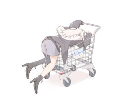  1girl absurdres ahoge animal_ears black_footwear black_jacket black_thighhighs boots chamomile_(kazumasa) commentary from_behind full_body fur-trimmed_jacket fur_trim grey_hair grey_skirt high_heel_boots high_heels highres hololive jacket lion_ears lion_tail long_hair midriff_peek miniskirt open_clothes open_jacket pencil_skirt shishiro_botan shishiro_botan_(1st_costume) shopping_cart simple_background single_thighhigh skirt sleeves_past_wrists solo tail thigh-highs trials_rising virtual_youtuber white_background 