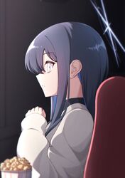  1girl absurdres blue_archive blue_eyes blue_hair blue_halo colored_inner_hair food from_side grey_sweater halo highres long_sleeves movie_theater multicolored_hair popcorn projectorzero saori_(blue_archive) sitting solo sweater upper_body 