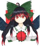  1girl absurdres antenna_hair bird_wings black_hair black_wings bow breasts colored_tips commentary dated english_commentary green_bow hair_bow highres large_breasts looking_at_viewer multicolored_hair radiation_symbol-shaped_pupils red_background red_eyes redhead reiuji_utsuho solo symbol-shaped_pupils thatkirisame third_eye touhou upper_body wings 