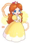  1girl blue_eyes brown_hair crown dated dress earrings flower_earrings gloves hands_on_own_chest highres jewelry long_hair looking_at_viewer open_mouth orange_dress princess_daisy smile super_mario_bros. teru_suzu two-tone_dress white_gloves 
