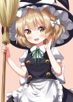  1girl :d alternate_hair_length alternate_hairstyle apron back_bow black_hat black_skirt black_vest blonde_hair blush bow braid breasts broom buttons collared_shirt cowboy_shot frilled_apron frilled_hat frills green_ribbon hair_bow hat hat_bow highres holding holding_broom kirisame_marisa looking_at_viewer neck_ribbon pink_background puffy_short_sleeves puffy_sleeves ribbon ruu_(tksymkw) shirt short_sleeves side_braid single_braid skirt small_breasts smile solo touhou vest waist_apron waist_bow white_apron white_bow witch witch_hat yellow_eyes 