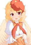  1girl :d animal_on_head bird bird_on_head bird_wings blonde_hair chick commentary_request dress feathered_wings highres iyo_mamoru multicolored_hair neckerchief niwatari_kutaka on_head open_mouth orange_dress puffy_short_sleeves puffy_sleeves red_eyes red_neckerchief redhead shirt short_hair short_sleeves smile solo touhou two-tone_hair wavy_hair white_shirt wings yellow_wings 