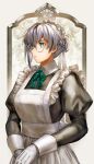  1girl apron asymmetrical_hair blue_eyes braid frilled_apron frills glasses gloves grey_hair highres juliet_sleeves kankitsurui_(house_of_citrus) long_sleeves maid maid_apron maid_headdress original own_hands_together puffy_sleeves ribbon round_eyewear solo victorian_maid white_gloves 