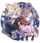  1boy 1girl aerith_gainsborough ahoge arestear0701 armor artist_name bandaged_arm bandages blonde_hair blue_eyes blue_pants blue_shirt blush boots border braid braided_ponytail breasts brown_footwear brown_gloves brown_hair buster_sword chibi cloud_strife colored_eyelashes couple cropped_jacket dress earrings final_fantasy final_fantasy_vii final_fantasy_vii_rebirth final_fantasy_vii_remake floating gloves green_eyes hair_between_eyes hand_on_own_knee hetero highres holding_hands interlocked_fingers jacket jewelry long_dress medium_breasts pants parted_bangs parted_lips pink_dress planet puffy_short_sleeves puffy_sleeves red_jacket shirt short_hair short_sleeves shoulder_armor sidelocks single_bare_shoulder single_braid single_earring single_shoulder_pad sitting sleeveless sleeveless_turtleneck smile spiky_hair star_(sky) star_(symbol) starry_background turtleneck weapon weapon_on_back white_border 