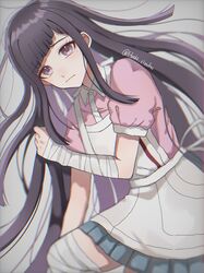  1girl apron bandaged_arm bandaged_leg bandages black_hair blush collared_shirt danganronpa_(series) danganronpa_2:_goodbye_despair gradient_background grey_background highres hoshi_no_shizuku long_hair miniskirt mole mole_under_eye pink_eyes pink_shirt pleated_skirt puffy_short_sleeves puffy_sleeves shirt short_sleeves simple_background skirt solo tsumiki_mikan white_shirt 