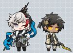  2boys arknights black_hair black_pants black_shirt bright_pupils brown_coat checkered_background chibi coat commentary dark-skinned_male dark_skin dog-san earclip elysium_(arknights) flag gloves grey_background grey_eyes grey_hair grey_pants holding holding_flag holding_sword holding_weapon looking_at_viewer multicolored_hair multiple_boys one_eye_closed open_mouth pants pants_rolled_up redhead shirt signature simple_background smile sword thorns_(arknights) weapon white_coat white_gloves white_pupils yellow_eyes 