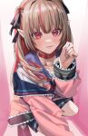  1girl betti_(maron) blush choker grey_hair hair_ribbon highres jacket looking_at_viewer makaino_ririmu makaino_ririmu_(4th_costume) multicolored_hair nijisanji open_clothes open_jacket pink_hair pointy_ears red_eyes ribbon school_uniform serafuku skirt smile solo squatting streaked_hair two-tone_hair virtual_youtuber 