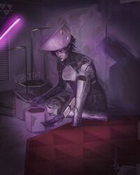  1girl absurdres android ara_(signalis) breasts butterfly_sitting closed_eyes flower_pot full_body gardening headgear highres joints mechanical_parts nictanova no_feet on_floor purple_light robot_joints rug short_hair signalis sitting small_breasts solo spoilers trowel 