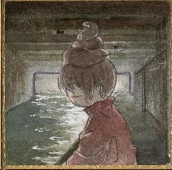  1girl brown_hair bug canal closed_eyes commentary_request fly from_side highres koto_(patina375887) long_sleeves madotsuki no_mouth painting_(medium) photo-referenced photoshop_(medium) poop poop_on_head profile red_sweater sewer shikishi short_hair solo sweater traditional_media turtleneck turtleneck_sweater underground upper_body water watercolor_(medium) yume_nikki 