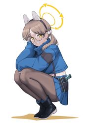  1girl absurdres animal_ears black_footwear black_pantyhose blue_archive blue_skirt blue_sweater boots brown_hair fake_animal_ears glasses grin halo highres long_hair long_sleeves moe_(blue_archive) pantyhose pleated_skirt projectorzero rabbit_ears round_eyewear simple_background skirt smile solo squatting sweater twintails white_background yellow_eyes yellow_halo 