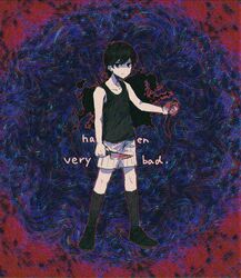  1boy black_eyes black_hair black_socks black_tank_top blood blood_on_hands blood_on_knife collarbone colored_skin full_body holding holding_knife kneehighs knife magiaigam omori omori_(omori) short_hair shorts socks solo standing tank_top white_shorts white_skin 