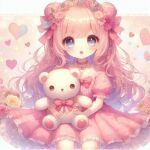  1girl :o ai-generated blue_eyes blush bow bowtie child choker dot_nose double_bun dress flower frilled_dress frilled_skirt frilled_sleeves frills hair_bow hair_bun hair_flower hair_ornament hair_ribbon head_wreath heart holding holding_stuffed_toy long_hair looking_at_viewer multicolored_eyes non-web_source open_mouth original pink_background pink_bow pink_choker pink_flower pink_hair pink_rose puffy_short_sleeves puffy_sleeves ribbon rose short_sleeves sitting skirt solo stuffed_animal stuffed_toy swept_bangs teddy_bear teddy_bear_ornament thighs upper_body valentine very_long_hair violet_eyes wavy_hair yellow_flower yellow_rose 