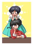  1boy 1girl aqua_dress belt_bow black_hair blue_eyes braid braided_ponytail brown_eyes chinese_clothes couple dress highres leaning_on_person leaning_on_table looking_at_another ranma_1/2 red_shirt saotome_ranma school_uniform shirt short_hair signature sleeves_rolled_up smile sweatdrop table tangzhuang tendou_akane wanta_(futoshi) white_shirt yellow_background 