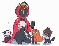  1other 2boys 2girls animal_ears black_gloves black_shirt brown_hair brown_hairband cat_ears cat_tail clock coat collared_shirt dante_(limbus_company) dog_ears dog_tail faust_(project_moon) fire gloves hairband heathcliff_(project_moon) ishmael_(project_moon) limbus_company long_hair long_sleeves multiple_boys multiple_girls necktie object_head orange_hair project_moon red_coat red_necktie rope shirt sidelocks simple_background tail tama_launcher very_long_hair violet_eyes white_background yi_sang_(project_moon) 