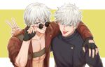  2boys :d belt_bra black_gloves black_jacket blue_eyes coat crossover dante_(devil_may_cry) devil_may_cry_(series) devil_may_cry_3 fingerless_gloves gloves gojou_satoru hair_between_eyes hands_up holding jacket jujutsu_kaisen kakhahakak looking_at_viewer male_focus multiple_boys open_clothes open_coat red_coat round_eyewear smile sunglasses tongue tongue_out upper_body v white_hair 