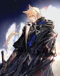  1boy abstract_background animal_ears arknights ascot black_ascot black_cloak black_jacket blonde_hair blood blood_on_clothes blue_scarf cloak commentary frown furrowed_brow gauntlets grey_background horse_boy horse_ears jacket long_hair looking_at_viewer male_focus mlynar_(arknights) ryuuzaki_ichi scarf solo sword upper_body weapon yellow_eyes 