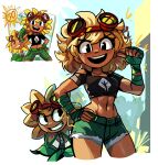  1girl :d abs absurdres bare_shoulders black_shirt blonde_hair commentary creature_and_personification crop_top cropped_legs cropped_shirt dark-skinned_female dark_skin english_commentary eyewear_on_head flower freckles green_shorts hand_wraps highres midriff navel off_shoulder open_mouth peargor personification plants_vs_zombies plants_vs_zombies_heroes pointing pointing_at_self red-framed_eyewear redrawn shirt shorts smile solar_flare_(plants_vs_zombies_heroes) solo sunflower 