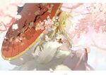  1girl animal_on_shoulder arknights blonde_hair blurry blurry_foreground cherry_blossoms commentary flower fox fox_tail frown green_eyes hair_flower hair_ornament hairband highres holding holding_umbrella japanese_clothes kimono letterboxed looking_at_viewer looking_back multiple_tails oil-paper_umbrella open_mouth pink_kimono red_hairband suzuran_(arknights) suzuran_(yukibare)_(arknights) symbol-only_commentary tail umbrella upper_body usachi 