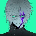  1boy aged_down black_sweater blood blood_on_face commentary_request evil_grin evil_smile final_fantasy final_fantasy_vii final_fantasy_vii_ever_crisis green_background green_eyes green_theme grin hair_over_one_eye high_collar highres looking_at_viewer male_focus purple_blood sephiroth short_hair slit_pupils smile solo spot_color sweater upper_body verywellcopied 