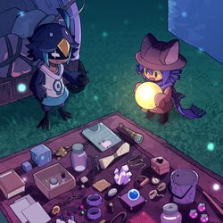  1boy 1other androgynous animal_hat bird_boy bird_legs black_footwear blue_hair book boots box bracelet brown_hat bucket cat_hat colored_sclera crystal cube dress food from_above fruit grass grin hat holding houten_(dre_a_mer) jacket jar jewelry key light_bulb light_particles magpie_(oneshot) merchant monster_boy necklace niko_(oneshot) oneshot_(game) open_mouth pink_dress pocket_watch purple_hair purple_scarf rope rug scarf scroll shaded_face short_hair sleeveless sleeveless_jacket sleeves_past_fingers sleeves_past_wrists smile spyglass standing watch white_jacket yellow_sclera 