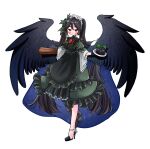  1girl alternate_hairstyle arm_cannon bird_wings black_dress black_footwear black_hair black_wings blush bow closed_mouth commentary_request dress frilled_dress frills full_body green_bow hair_bow high_heels highres kakigoori_(xm3lz) long_hair looking_at_viewer maid red_eyes reiuji_utsuho reiuji_utsuho_(bird) simple_background smile solo starry_sky_print touhou twintails weapon white_background wings 