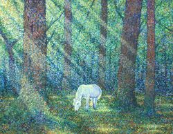  animal day eating forest grass highres horse keitatsujia nature no_humans original painting_(medium) shadow sunlight traditional_media tree tree_shade 