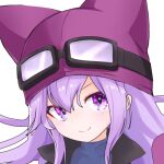  1girl black_jacket blue_shirt close-up digimon_story:_sunburst_and_moonlight faguna goggles goggles_on_head goggles_on_headwear hat high_collar jacket purple_hair purple_hat sayo_(digimon) shirt simple_background smile solo violet_eyes white_background 