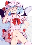 1girl :d adapted_costume adjusting_eyewear bat_wings bed_sheet bespectacled blue_hair blush bow bowtie brown-framed_eyewear center_frills commentary_request crossed_legs eichi_yuu fangs foreshortening frilled_shirt_collar frilled_sleeves frills glasses grin hair_between_eyes hand_on_own_hip hat hat_ribbon head_tilt highres looking_at_viewer mob_cap open_mouth pajamas pillow pink_hat pointy_ears puffy_short_sleeves puffy_sleeves purple_wings red_bow red_bowtie red_eyes red_ribbon remilia_scarlet revision ribbon short_hair short_sleeves sitting smile solo teeth touhou tsurime wings 