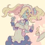  1girl blonde_hair colored_skin commentary_request cup disgaea dress green_skin harada_takehito long_hair maid_(disgaea) maid_headdress makai_senki_disgaea_5 open_mouth sketch solo surprised teacup tray twintails upper_body zombie 