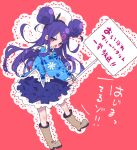  1girl black_hairband blue_jacket blue_skirt blush bright_pupils commentary_request copyright_name d: double_bun frilled_skirt frills full_body hair_bun hair_ornament hairband hairclip hamayumiba_sou heart heart_hair_ornament holding holding_sign jacket lace_background long_hair long_sleeves looking_at_viewer ochikobore_fruit_tart open_mouth parted_bangs purple_hair red_background sailor_collar sekino_roko side_up_bun sidelocks sign skirt solo translation_request two-handed v-shaped_eyebrows violet_eyes white_pupils white_sailor_collar 
