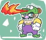  1boy animal_hat artist_name cleft_chin clenched_hands facial_hair fire gloves green_background green_footwear grin hat male_focus mustache overalls pointy_ears purple_overalls simple_background skmkz10 smile wario wario_land white_gloves 