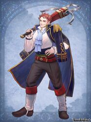  1boy ascot belt black_pants blue_ascot brown_footwear copyright_name crossbow epaulettes green_eyes grey_background hand_on_own_hip holding holding_weapon jacket jacket_on_shoulders jewelry long_sleeves male_focus mizuki_apple pandora_party_project pants redhead ring shirt sideburns small_head smile solo stirrup_legwear toeless_legwear weapon white_shirt 
