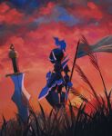  arm_blade ceruledge clouds cloudy_sky dawn fire flag flagpole grass highres holding holding_flag pokemon pokemon_(creature) purple_fire red_clouds sazanami_(rsrm1) sky standing sword weapon 
