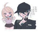 1boy 1girl :d ahoge akamatsu_kaede black_hat black_jacket black_skirt blonde_hair breasts brown_eyes buttons clenched_hands cropped_legs cropped_torso danganronpa_(series) danganronpa_v3:_killing_harmony hair_between_eyes hand_up hat jacket large_breasts long_hair long_sleeves miniskirt open_mouth pink_eyes pink_sweater_vest pleated_skirt roneco saihara_shuichi short_hair simple_background skirt smile sweater_vest translation_request white_background 