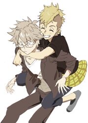  2boys black_shirt blonde_hair closed_mouth general_orumutsu grey_footwear grey_hair grey_jacket highres hiraoka_daisuke hug hug_from_behind jacket long_sleeves male_focus multiple_boys pants pants_under_skirt plaid_clothes plaid_skirt shirobako shirt short_hair short_sleeves simple_background skirt takanashi_tarou white_background white_shirt yellow_skirt 