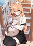 1girl absurdres animal_ear_fluff animal_ears animal_hug black_skirt black_thighhighs blue_archive blue_eyes blush cat_ears cat_girl claw_pose ear_down flower grey_cat hair_flower hair_ornament halo hand_up highres long_hair long_sleeves looking_at_viewer mari_(blue_archive) muo_(muojjang_0929) open_mouth overall_skirt shirt sitting skindentation skirt smile sparkling_aura stairs thigh-highs translation_request white_flower white_shirt yellow_halo yokozuwari 