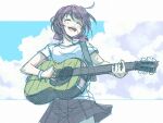  1girl acoustic_guitar blue_sky closed_eyes clouds cowboy_shot day girls_band_cry guitar instrument iseri_nina le0niigo motion_blur open_mouth outdoors plaid plaid_skirt playing_guitar red_skirt redhead shirt short_sleeves short_twintails skirt sky smile solo sweat twintails white_background white_shirt 