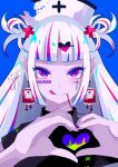  1girl blood blood_bag blue_background earrings goma_irasuto hat heart highres hime_cut jewelry looking_at_viewer nurse nurse_cap original signature solo straight_hair tattoo tongue tongue_out violet_eyes white_hair 