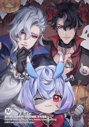  1girl 2boys animal_ears artist_name asymmetrical_bangs bandaged_neck bandages black_gloves black_hair blue_cape blue_eyes blue_hair blush bow bowtie brooch candy cape closed_mouth collarbone collared_cape collared_shirt commentary crossed_bangs demon_horns earrings english_commentary eyelashes fang fang_out food frilled_sleeves frills genshin_impact ghost gloves gradient_hair grey_hair hair_between_eyes hair_ornament hair_over_one_eye halloween halloween_bucket halloween_costume hand_up hands_up holding holding_syringe horns jack-o'-lantern jewelry light_particles long_sleeves looking_at_viewer looking_down low_twintails medium_hair minoru_(minoru_uwutemp) multicolored_hair multiple_boys neuvillette_(genshin_impact) object_through_head one_eye_closed parted_bangs parted_lips pointy_ears pom_pom_(clothes) pom_pom_hair_ornament popped_collar puffy_long_sleeves puffy_sleeves pumpkin purple_hair red_bow red_bowtie red_eyes red_horns red_shirt scar scar_on_cheek scar_on_face scar_on_neck screw screw_in_head shirt short_eyebrows short_hair sidelocks sigewinne_(genshin_impact) silk smile spider_web sticker stitched_face stitches streaked_hair stud_earrings syringe twintails upper_body v-shaped_eyebrows violet_eyes watermark web_address white_gloves white_hair white_shirt wriothesley_(genshin_impact) 