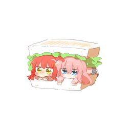  2girls blue_eyes bocchi_the_rock! brown_shirt chibi cube_hair_ornament food gotoh_hitori grey_skirt hair_between_eyes hair_ornament in_food jacket kita_ikuyo long_hair long_sleeves mini_person minigirl multiple_girls one_side_up pants pants_under_skirt pink_hair pink_jacket pink_pants pleated_skirt puffy_long_sleeves puffy_sleeves rebecca_(keinelove) redhead sandwich shirt simple_background skirt sleeves_past_wrists track_jacket track_pants track_suit white_background 