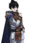  1boy black_clover black_hair blue_cloak cloak closed_mouth fur_trim highres male_focus messy_hair poonwip simple_background solo uniform white_background yellow_eyes yuno_(black_clover) 