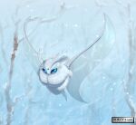  artist_name bare_tree blue_eyes commentary_request day frosmoth full_body highres no_humans outdoors pokemon pokemon_(creature) snowing soezy solo tree white_fur winter 