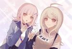  2girls akamatsu_kaede breasts brown_hair danganronpa_(series) danganronpa_2:_goodbye_despair danganronpa_v3:_killing_harmony flipped_hair fu_ga_(vivi912912) hair_ornament jacket long_sleeves looking_at_viewer medium_hair multiple_girls nanami_chiaki open_clothes open_jacket pink_eyes shirt smile white_shirt 