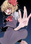  1girl ascot black_skirt black_vest blonde_hair fang fangs highres is_that_so looking_at_viewer medium_hair open_mouth reaching reaching_towards_viewer red_ascot red_eyes rumia shirt skirt solo touhou vest white_shirt yoruuta 