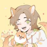  1boy animal animal_ears brown_hair chinese_commentary commentary_request dog dog_boy dog_ears dog_tail fangs highres holding holding_animal holding_dog hood hoodie kemonomimi_mode long_sleeves male_focus one_eye_closed open_mouth parted_bangs portrait saibou_shinkyoku sample_watermark shiba_inu shinano_eiji short_hair simple_background smile solo sparkle tail teeth upper_teeth_only watermark white_hoodie xiao228 yellow_background 