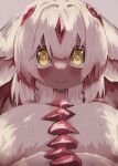  1girl absurdres animal_ear_fluff animal_ears blush claws closed_mouth collarbone dark-skinned_female dark_skin english_commentary extra_arms faputa flat_chest fluff fluffy hair_between_eyes highres jeck_mate long_hair looking_at_viewer made_in_abyss monster_girl neck portrait red_claws simple_background smile solo very_dark_skin white_background white_fur white_hair yellow_eyes 