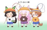  3girls :d animal_ears bandaid bandaid_on_cheek bandaid_on_face biwa_hayahide_(umamusume) black_hair black_shirt blue_eyes blue_shorts blush_stickers brown_footwear brown_hair brown_hat butterfly_net chibi ears_through_headwear glasses gomashio_(goma_feet) hair_between_eyes hair_ornament hairclip hand_net holding horse_ears horse_girl horse_print horse_tail jitome kneehighs multiple_girls narita_taishin_(umamusume) orange_shirt parted_bangs pink_hair print_shirt purple_shorts red-framed_eyewear semi-rimless_eyewear shirt shoes short_sleeves shorts smile socks standing swept_bangs tail translation_request umamusume under-rim_eyewear white_background white_shirt white_socks winning_ticket_(umamusume) |_| 