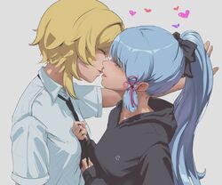  2girls black_hoodie black_necktie black_ribbon blonde_hair blue_eyes blue_hair blush closed_eyes collared_shirt contemporary genshin_impact grey_background hair_ribbon half-closed_eyes heart hood hoodie imminent_kiss kamisato_ayaka ker0nit0 long_hair looking_at_another lumine_(genshin_impact) multiple_girls necktie necktie_grab neckwear_grab parted_lips ponytail ribbon shirt short_hair_with_long_locks short_sleeves simple_background smile upper_body white_shirt yuri 