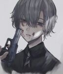  1boy androgynous artist_name blood blood_on_face collared_shirt commentary_request grey_eyes grey_hair gun handgun highres kuleha_s nail_polish necktie original shirt short_hair simple_background solo teeth weapon white_background 